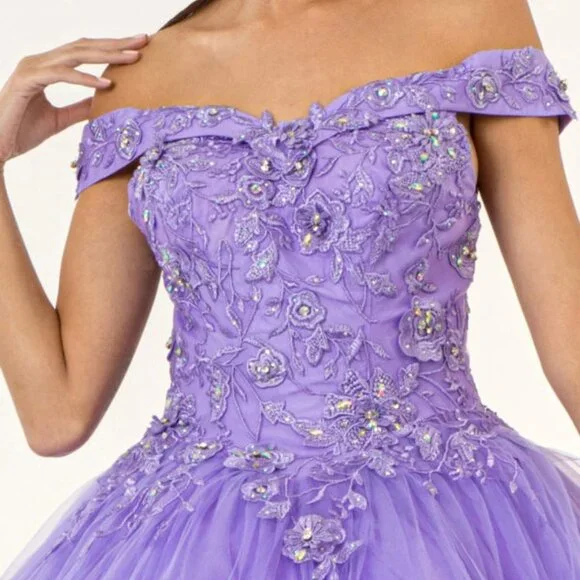 NEW LONG MESH OFF SHOULDER SLEEVELESS EMBROIDERED DRESS WITH LACED BACK GL2802 - Picture 5 of 7